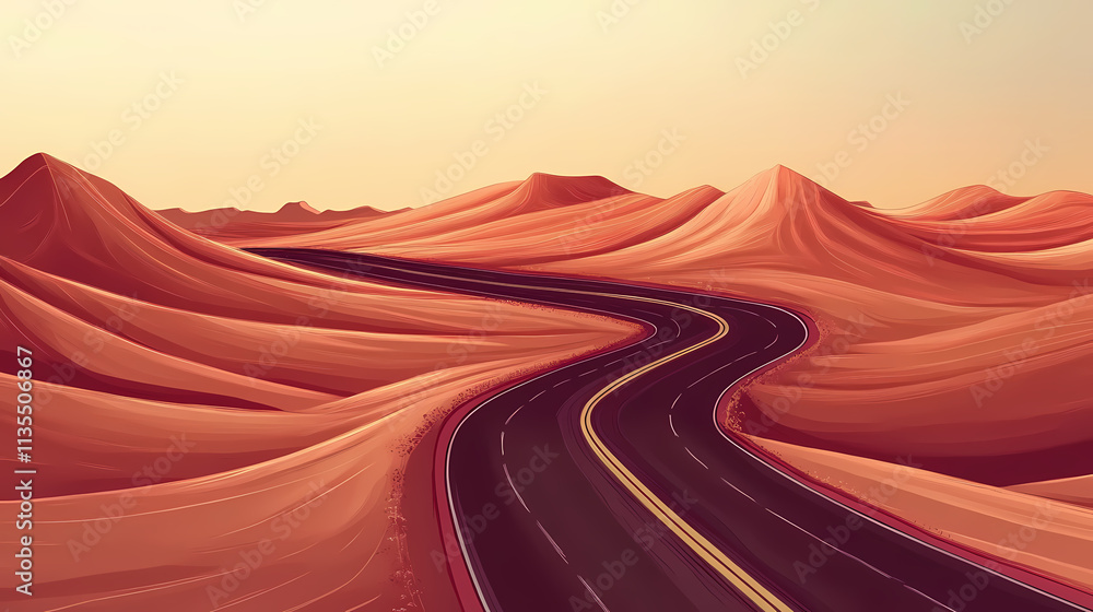 Naklejka premium Aerial view of an isolated road crossing through a barren desert, no cars, with copy space. Nightfall. Illustration