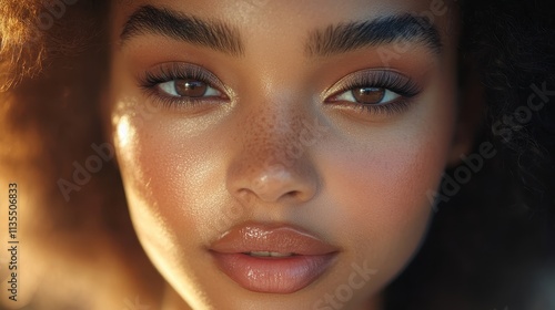 Soft makeup brush applies natural highlighter on glowing cheekbone in warm sunlight