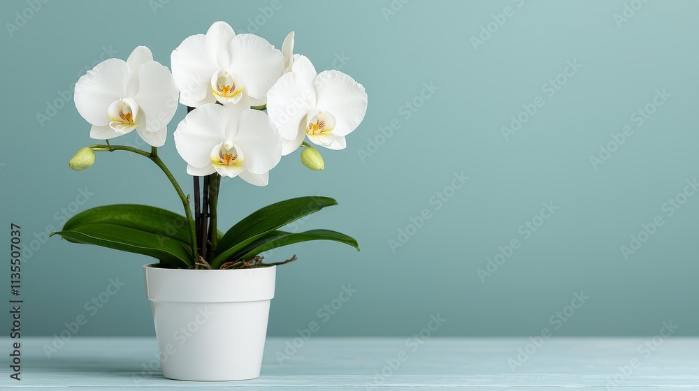 Serene White Orchid in White Pot on Teal Background Serene White Orchid in White Pot on Teal Background
