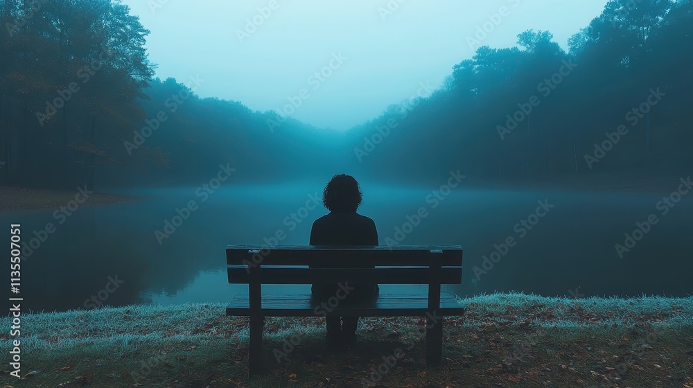 Solitary figure contemplates by the foggy waterfront on a cold winter day Solitary figure contemplates by the foggy waterfront on a cold winter day