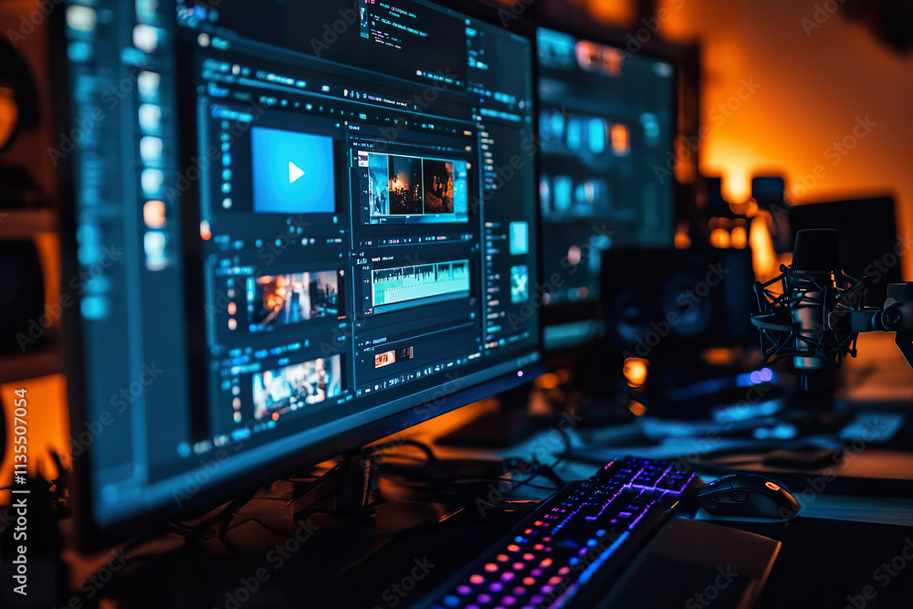 Multiple monitors showcase sophisticated video editing software in elegant home office setting Multiple monitors showcase sophisticated video editing software in elegant home office setting