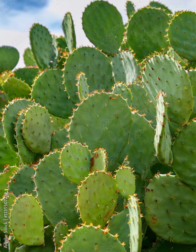 Close-up of prickly pear cactus pads bathed in sunlight. Close-up of prickly pear cactus pads bathed in sunlight.