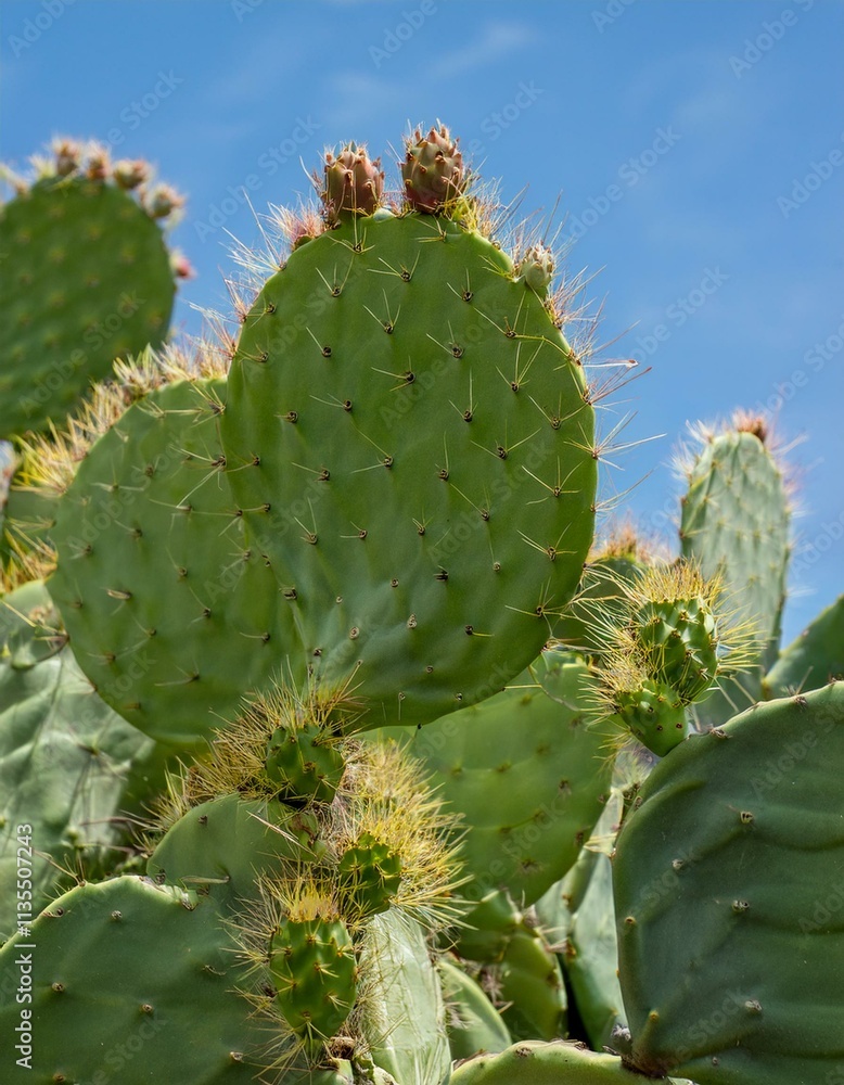Prickly pear cactus pads, vibrant green against a sunny blue sky. Prickly pear cactus pads, vibrant green against a sunny blue sky.