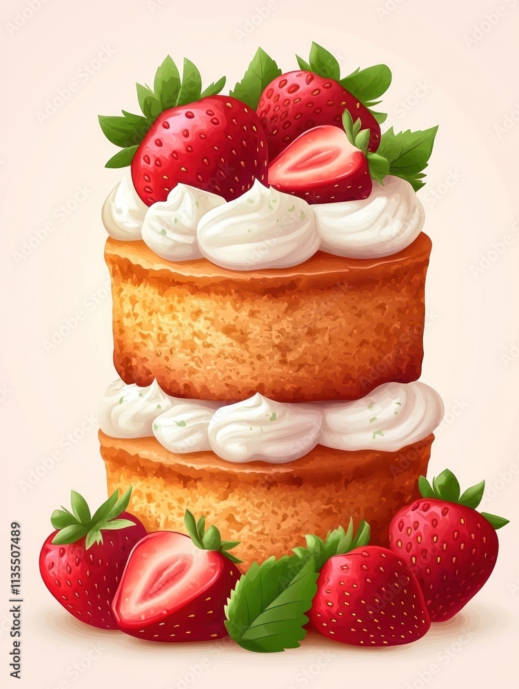 A layered cake topped with strawberries and cream, showcasing a delightful dessert presentation. A layered cake topped with strawberries and cream, showcasing a delightful dessert presentation.