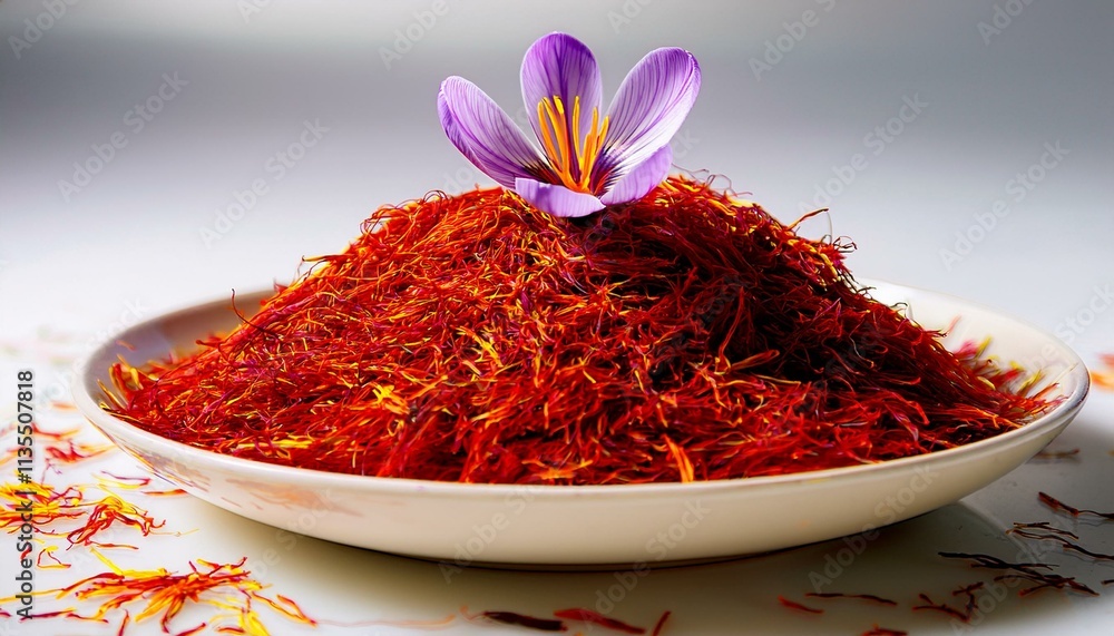 A mound of vibrant red saffron threads sits on a plate, topped with a delicate purple crocus flower. A mound of vibrant red saffron threads sits on a plate, topped with a delicate purple crocus flower.