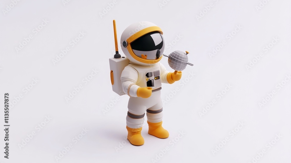 Astronaut holds satellite, white background. Astronaut holds satellite, white background.