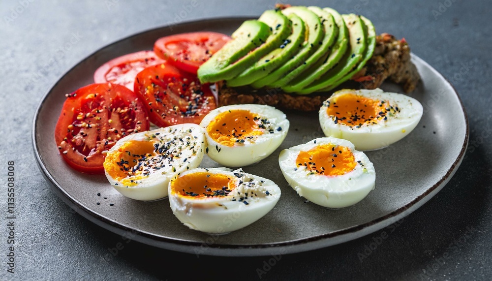 Healthy breakfast plate with sliced tomatoes, avocado toast, and hard-boiled eggs. Healthy breakfast plate with sliced tomatoes, avocado toast, and hard-boiled eggs.