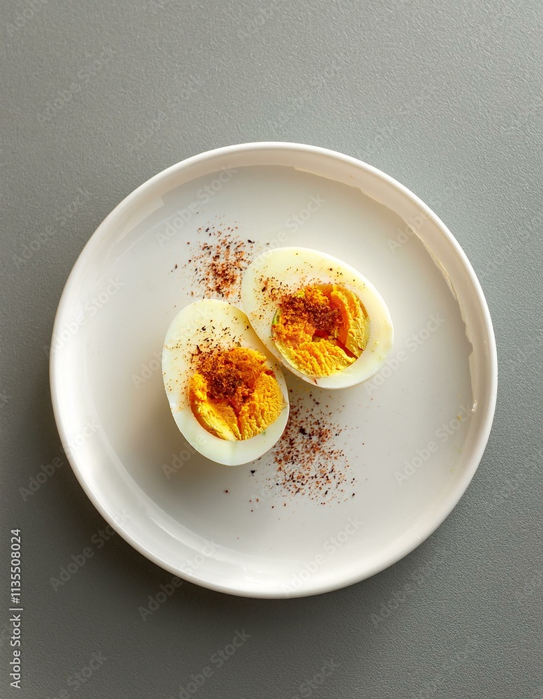 Two halves of a hard-boiled egg, seasoned with spices, on a white plate. Two halves of a hard-boiled egg, seasoned with spices, on a white plate.