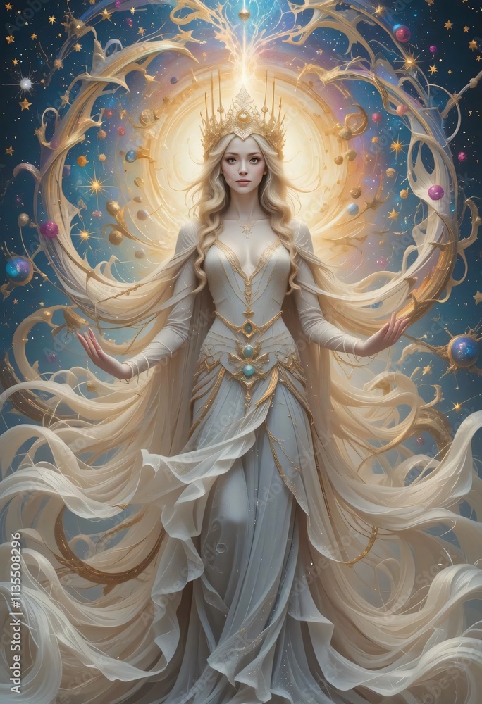 A regal figure with a crown made of stars and galaxies swirling around her A regal figure with a crown made of stars and galaxies swirling around her