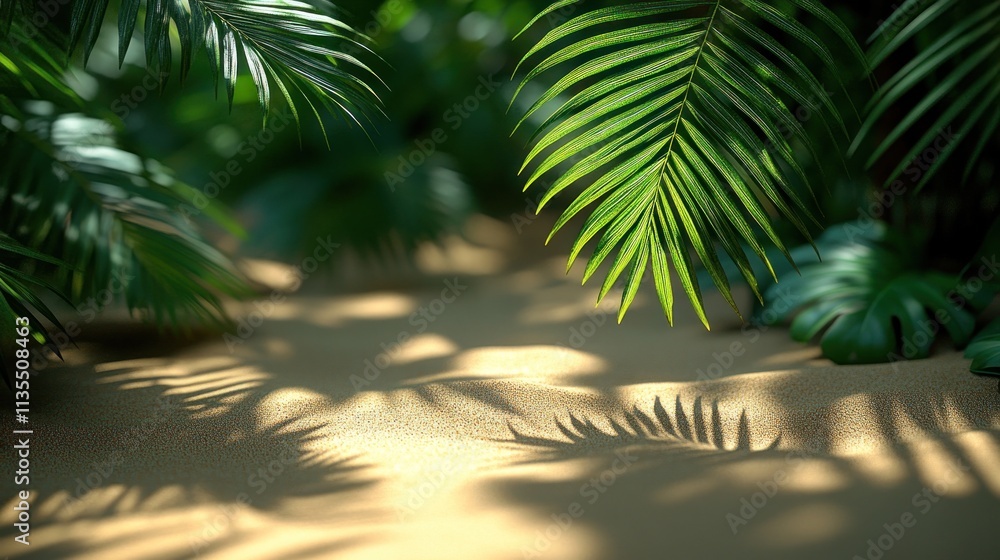 Tropical foliage on sandy ground. Sunlight casts shadows on the ground. Tropical foliage on sandy ground. Sunlight casts shadows on the ground.