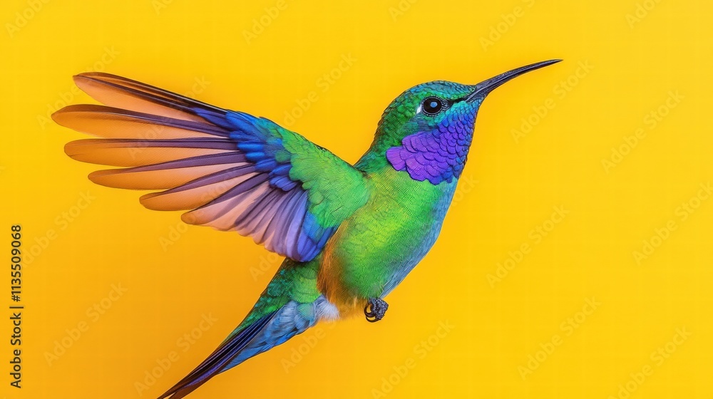 Fototapeta premium Vibrant Hummingbird in Flight Against Yellow Background