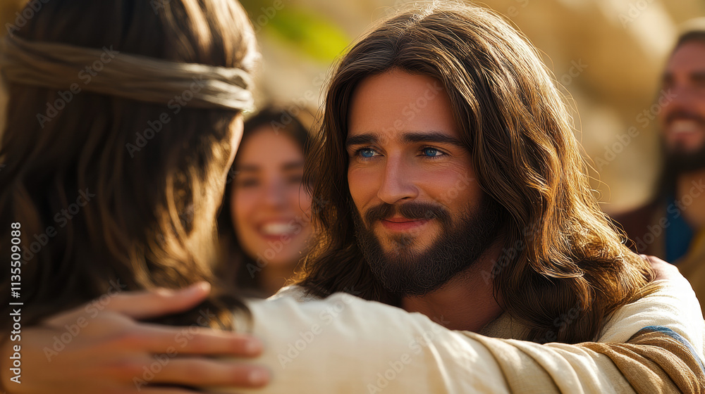 Jesus Christ embracing his disciples in the background, photorealistic, close-up shot of Jesus and two men embracing each other with joy and love