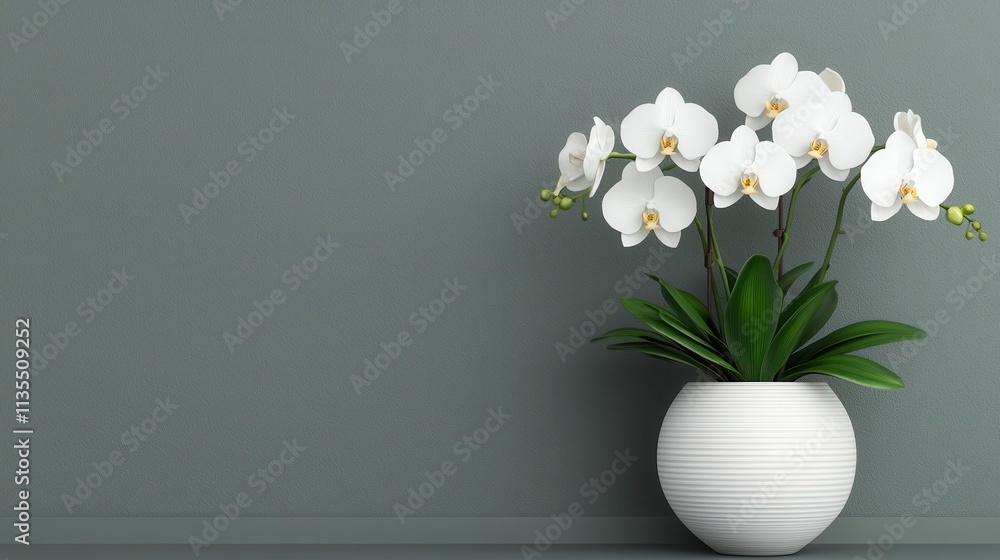 Elegant White Orchid Plant in Modern White Pot Against Gray Wall Elegant White Orchid Plant in Modern White Pot Against Gray Wall