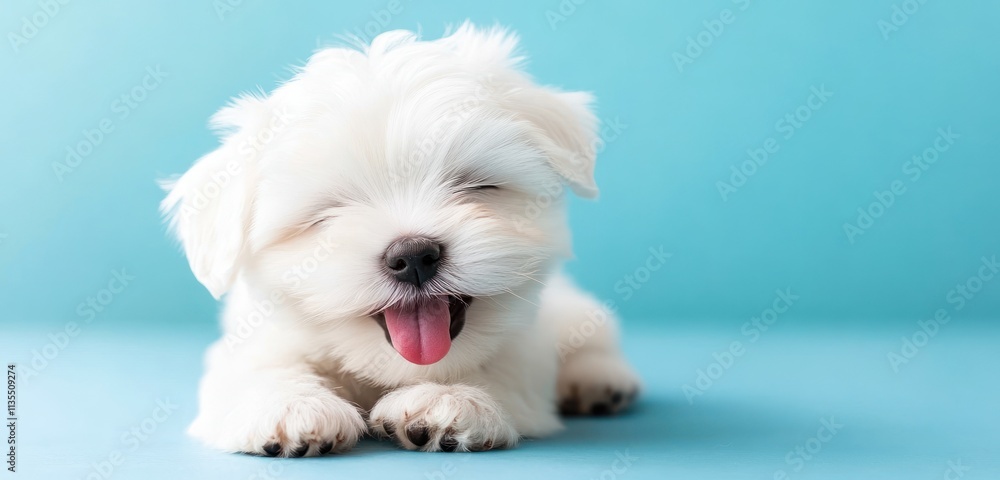 Happy white puppy with tongue out, eyes closed, on a blue background. Happy white puppy with tongue out, eyes closed, on a blue background.