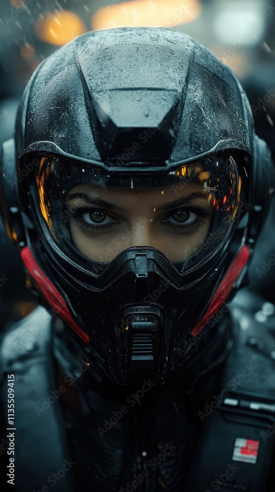 Moody high angle portrait of a formidable pilot in futuristic flight suit looking out in space Moody high angle portrait of a formidable pilot in futuristic flight suit looking out in space