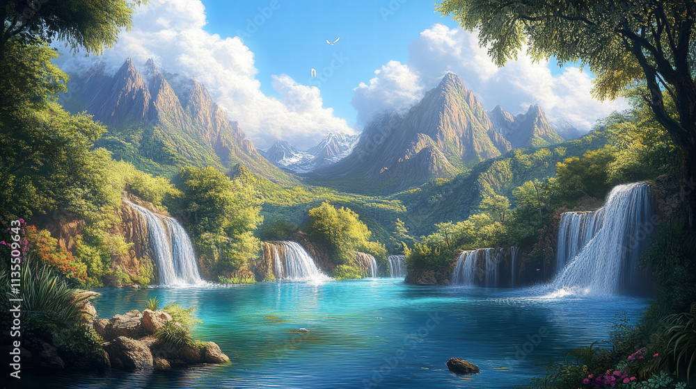 Fototapeta premium A breathtaking landscape painting of waterfalls cascading into crystal-clear blue waters, surrounded by lush greenery and towering mountains in the background