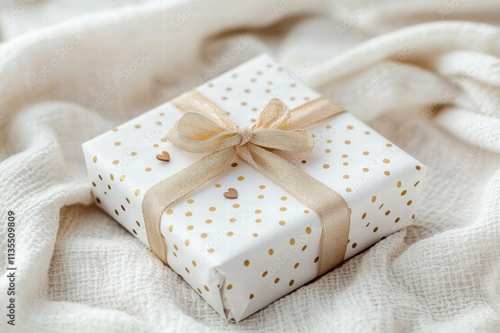 Elegant Gift Box with Gold Ribbon on White Fabric Elegant Gift Box with Gold Ribbon on White Fabric