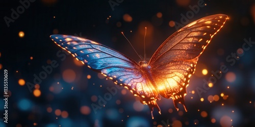 Glowing butterfly icon emerging from chrysalis, vibrant holographic design, symbolizing transformation and beauty in motion photo