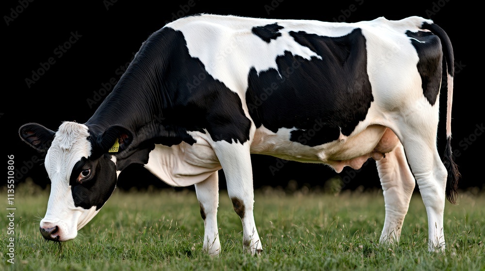 Black and White Dairy Cow Grazing in Pasture at Dusk Black and White Dairy Cow Grazing in Pasture at Dusk
