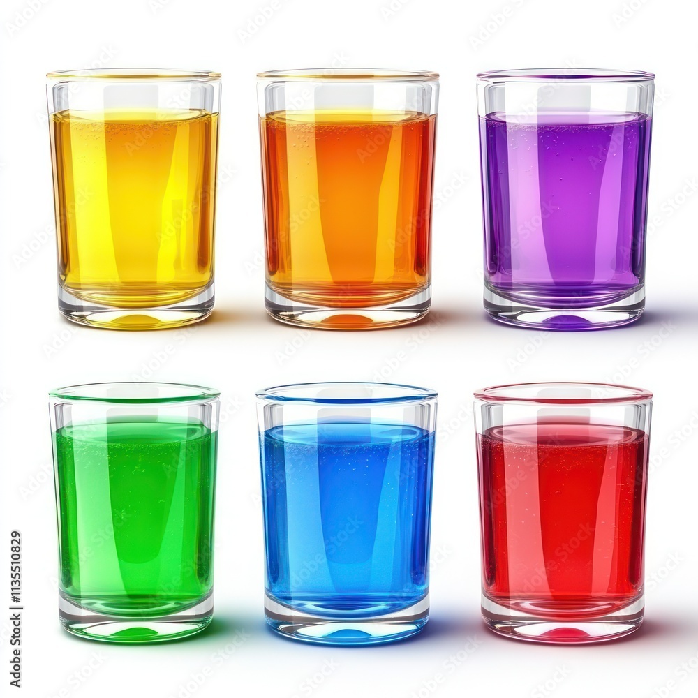 Six colorful glasses filled with vibrant beverages arranged in two rows. Six colorful glasses filled with vibrant beverages arranged in two rows.