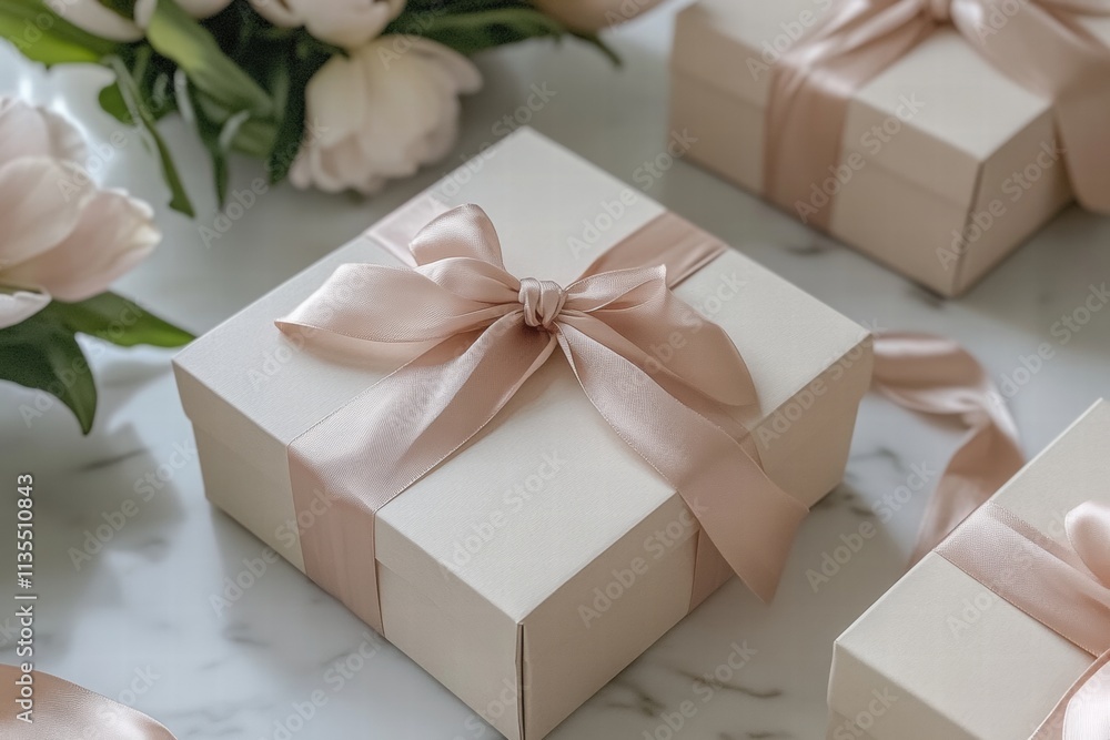 Elegant Gift Boxes with Blush Pink Ribbon and Peonies Elegant Gift Boxes with Blush Pink Ribbon and Peonies