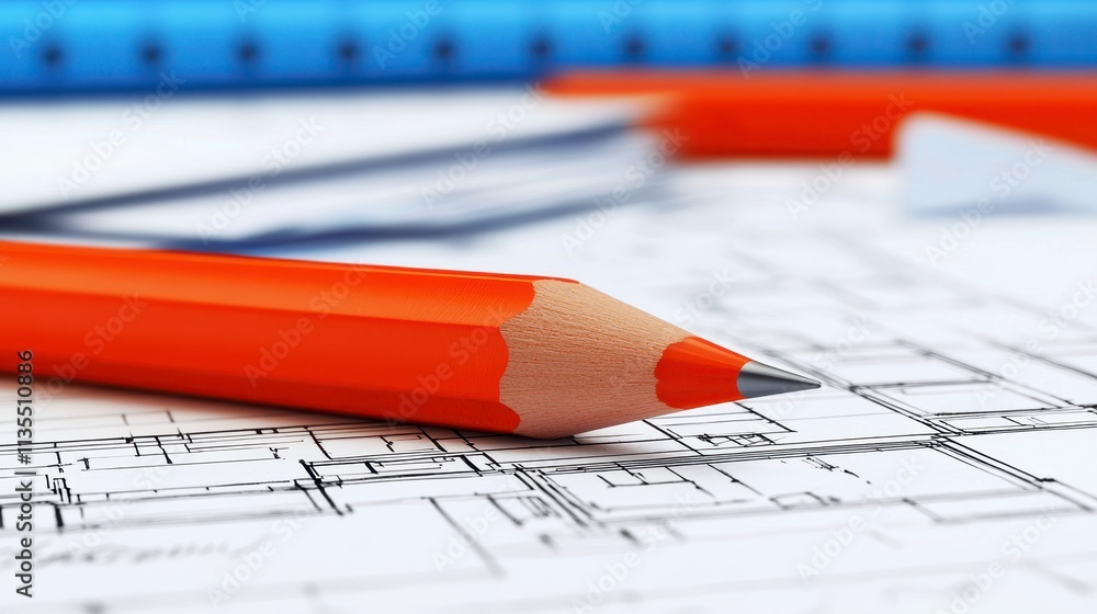 Architect's Blueprint and Orange Pencil Design Concept Architect's Blueprint and Orange Pencil Design Concept