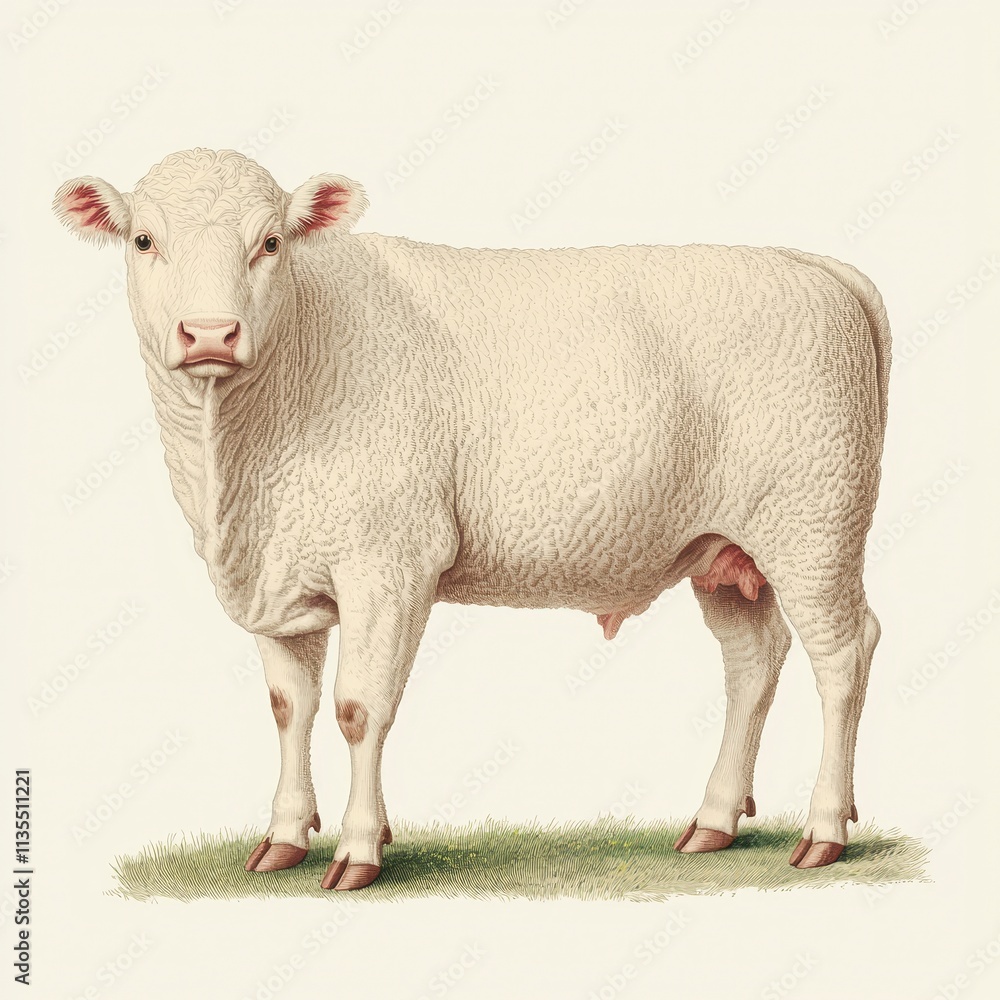 A Gentle White Cow in Pastoral Setting, Illustrated A Gentle White Cow in Pastoral Setting, Illustrated