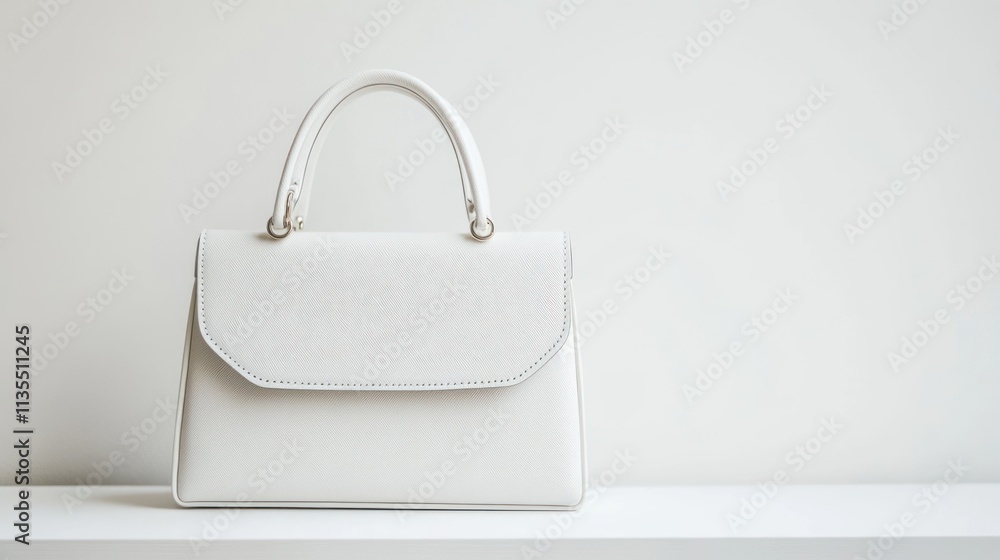 Fototapeta premium A minimalist white handbag displayed on a shelf against a light background.
