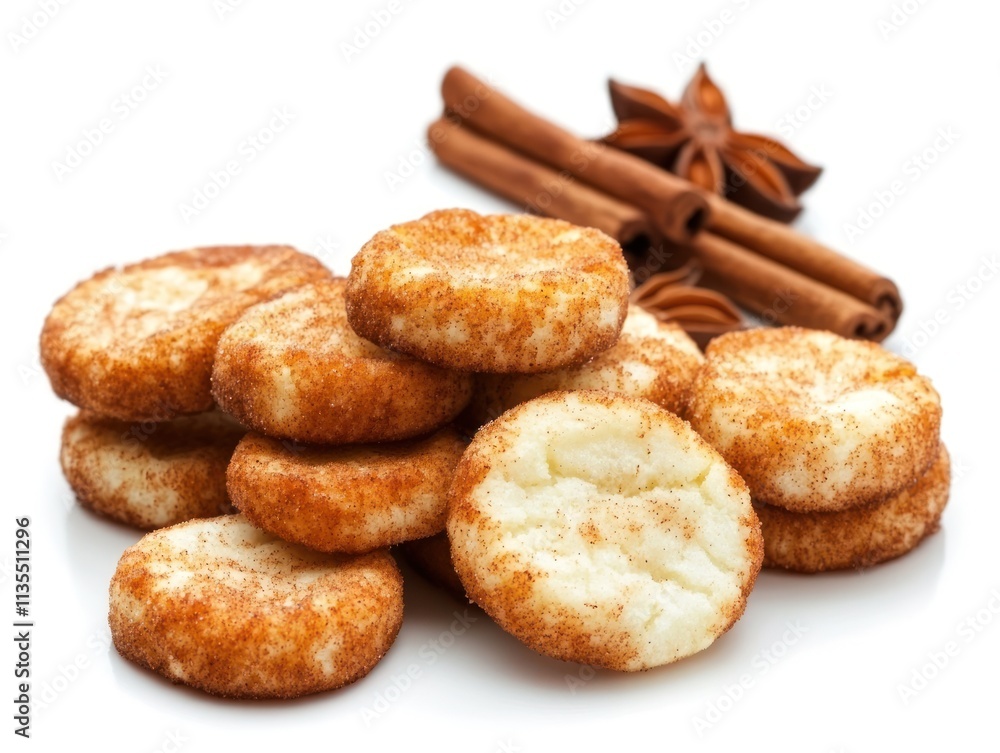 A pile of cinnamon-sugar cookies arranged with spices in the background. A pile of cinnamon-sugar cookies arranged with spices in the background.