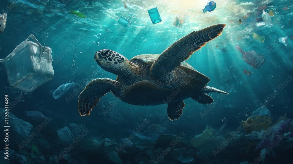 Fototapeta premium Turtle swims through polluted ocean with floating plastic.