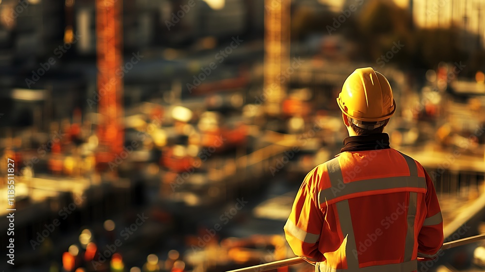 A safety briefing taking place on a busy construction site with workers in the background A safety briefing taking place on a busy construction site with workers in the background