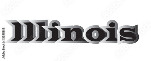 This image features the word "ILLINOIS" in bold, uppercase black typography, outlined in white and gray with a staggered effect that gives it a unique three-dimensional appearance. 