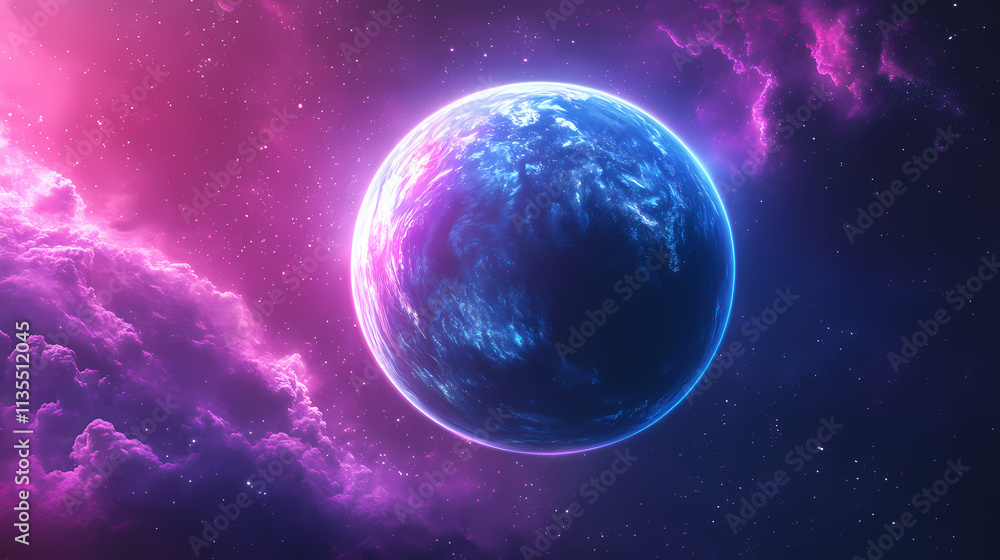 Obraz premium Neon synthwave sci-fi planet landscape - generative ai. beautiful simple ai generated image in unique. Eternal. Illustration