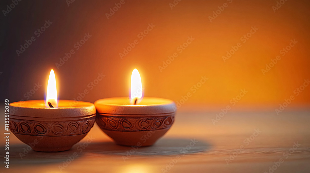 Two flickering clay oil lamps radiate warmth and tranquility. Ideal for Diwali celebrations, festive decoration, or cozy ambiance in home design. Two flickering clay oil lamps radiate warmth and tranquility. Ideal for Diwali celebrations, festive decoration, or cozy ambiance in home design.