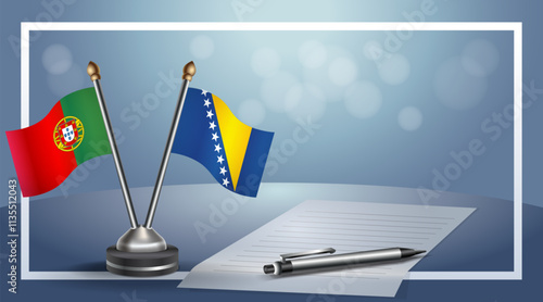 Portugal and Bosnia and Herzegovina National flags on small table with bokeh background, cooperative relationship