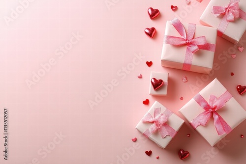 Pink Gift Boxes with Red Hearts on Pink Background