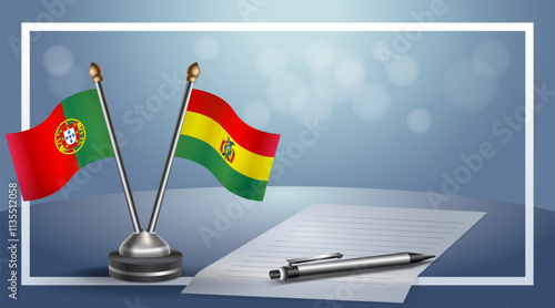 Portugal and Bolivia National flags on small table with bokeh background, cooperative relationship