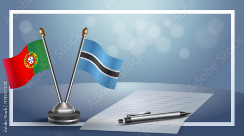 Portugal and Botswana National flags on small table with bokeh background, cooperative relationship