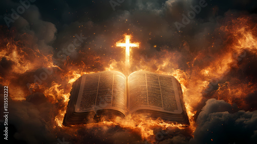 Open bible engulfed in flames with a cross shining in the center surrounded by fiery clouds. Eternal. Illustration