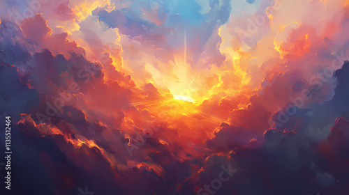 Radiant divine light shining through majestic clouds in vibrant sky signifying gods eternal presence digital painting. Eternal. Illustration