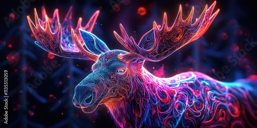 Glowing Neon Moose Icon, a vibrant holographic representation featuring detailed antler designs, perfect for digital art and modern aesthetics photo