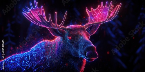 Glowing Neon Moose Icon, intricate antlers, vibrant holographic design, modern aesthetic, captivating digital art photo