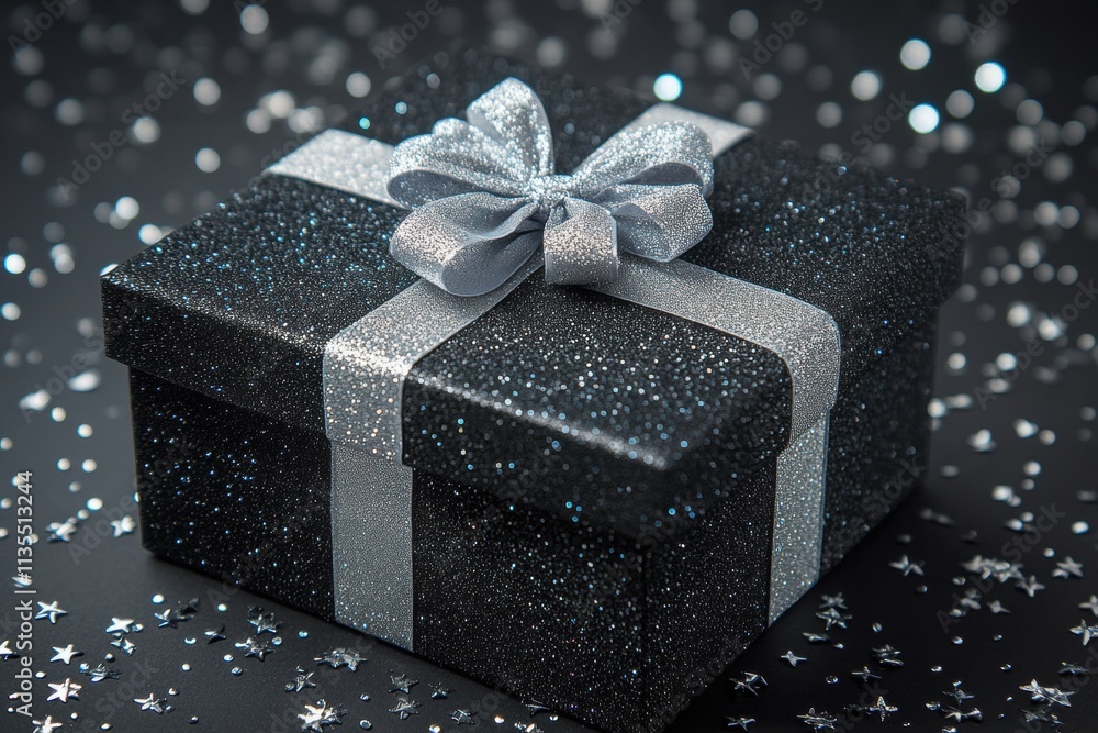 Glittering Black Gift Box with Silver Bow Glittering Black Gift Box with Silver Bow