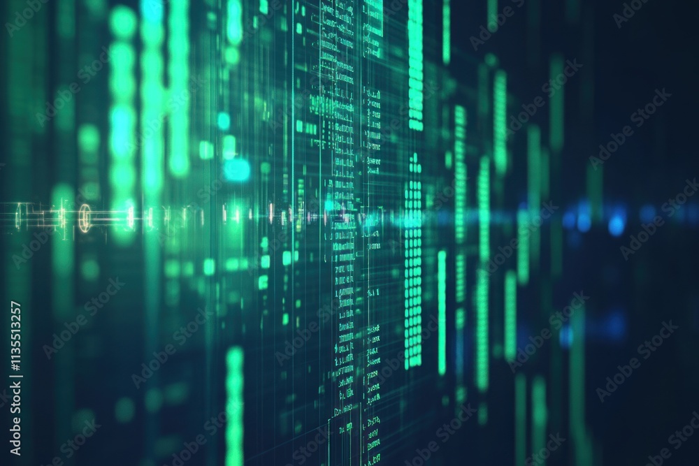 Abstract digital data stream, glowing green lines and code. Abstract digital data stream, glowing green lines and code.