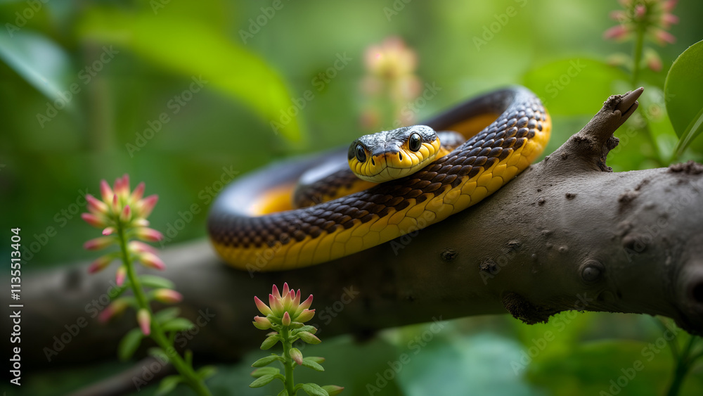 Obraz premium Garter Snake Coiled Among Vibrant Foliage