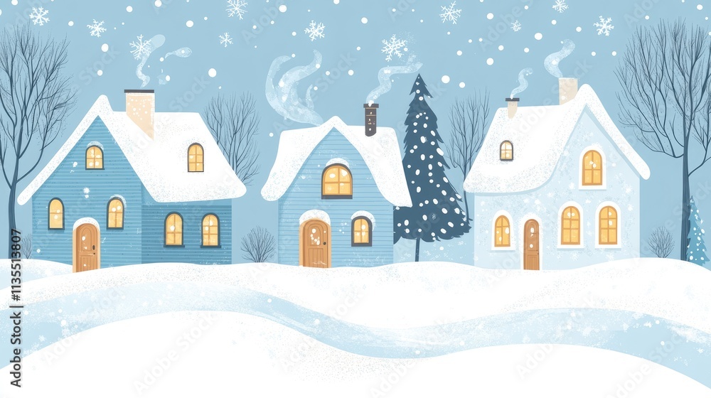Cozy Winter Village Scene with Snow-Covered Houses and Trees Cozy Winter Village Scene with Snow-Covered Houses and Trees