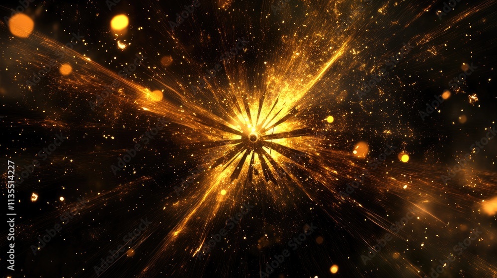 Fototapeta premium Abstract golden explosion with light and sparkles in dark background