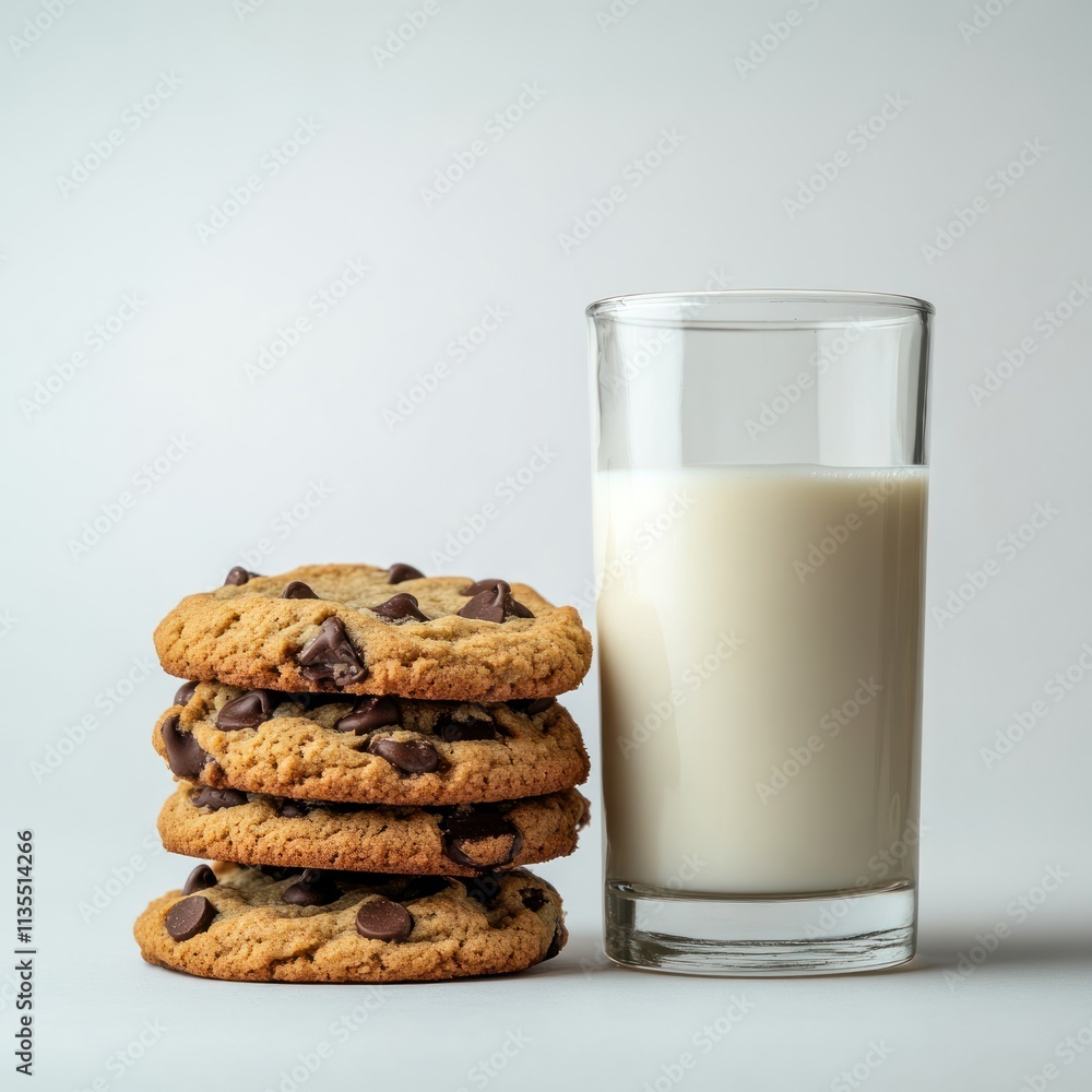 A stack of chocolate chip cookies next to a glass of milk, evoking a classic snack pairing. A stack of chocolate chip cookies next to a glass of milk, evoking a classic snack pairing.