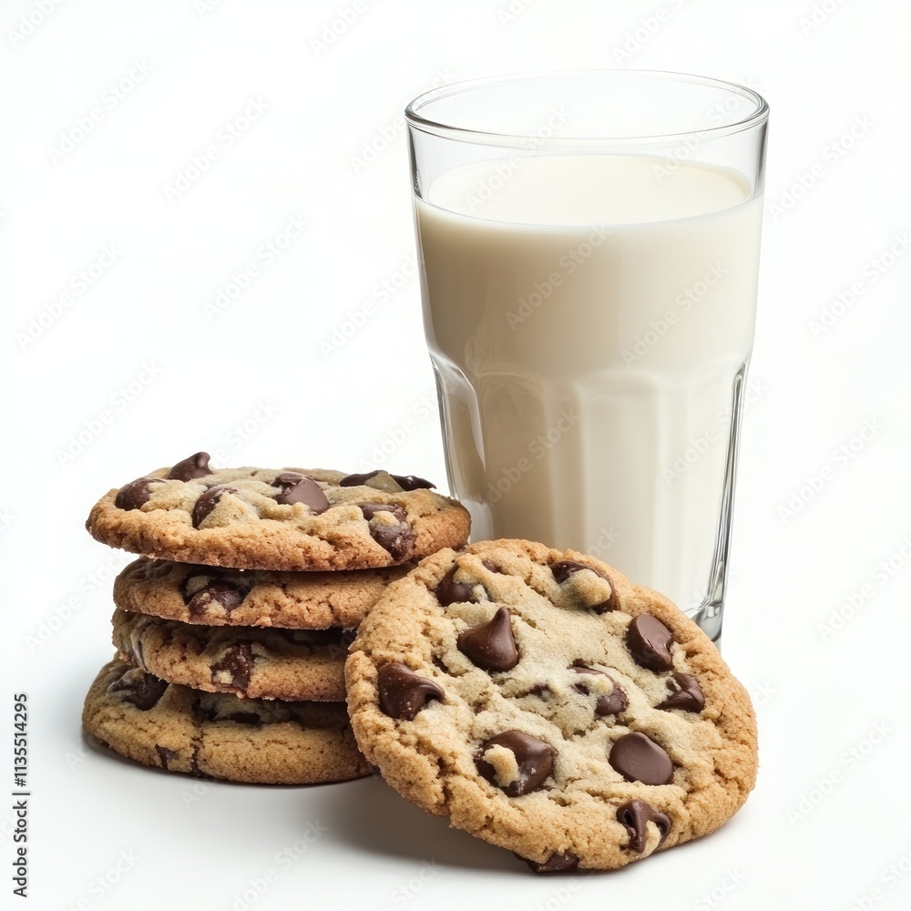 A glass of milk beside a stack of chocolate chip cookies. A glass of milk beside a stack of chocolate chip cookies.
