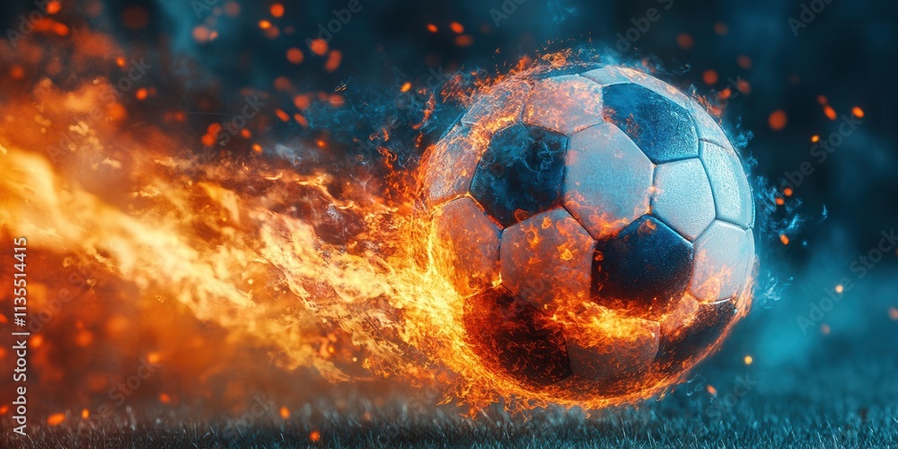 Fototapeta premium Glowing soccer ball icon in motion with dynamic energy trails, vibrant and futuristic design, perfect for sports-themed graphics